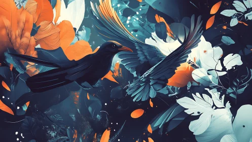Digital avian duel unfolds amid abstract teal and orange flora