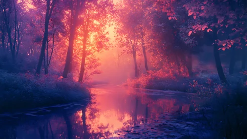 Enchanted river glows beneath vivid pink twilight sky.