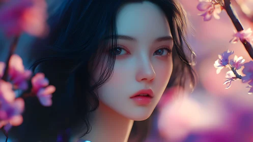 Ethereal girl gazes through soft-focus cherry blossoms dreamily.