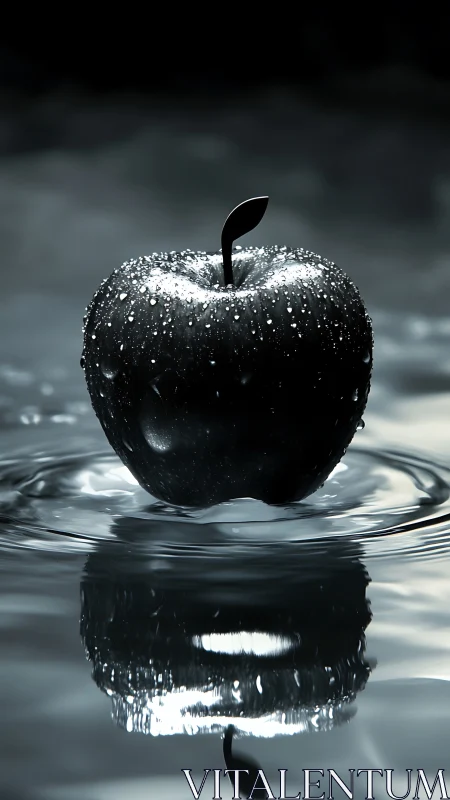 Gleaming black apple ripples across reflective water surface.
