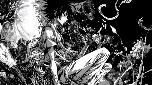 Solitary anime warrior drifts through violent monochrome void