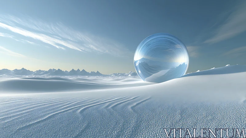 Translucent sphere on snow dunes under clear polar sky.