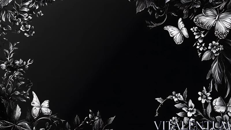 Monochrome floral border with butterflies on black field.