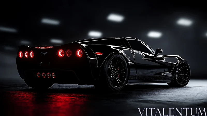 Photorealistic rear-angle sports coupe in cinematic low key lighting.
