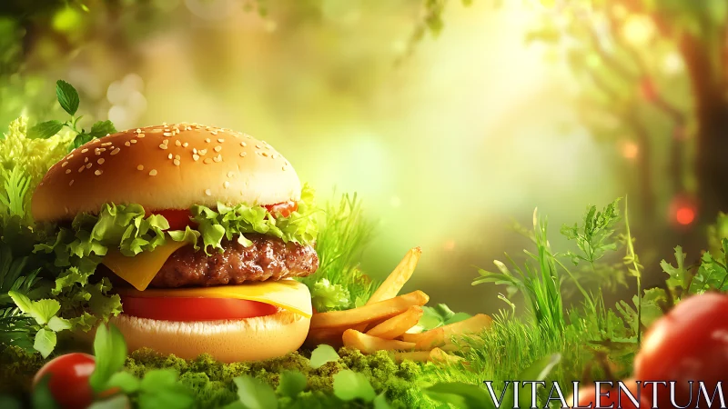 Sunny forest picnic burger with golden fries and greens.