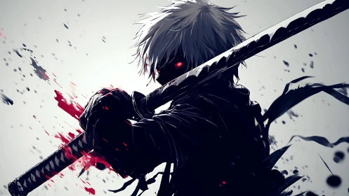 Dark anime swordsman with glowing eyes and bloodied blade.
