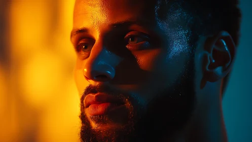 Moody male portrait in vivid orange and teal lighting.