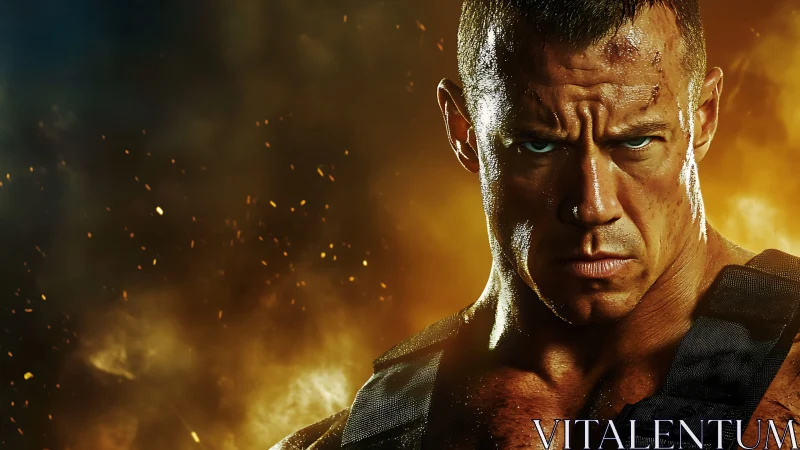 Muscular man in tactical vest stands before fiery backdrop