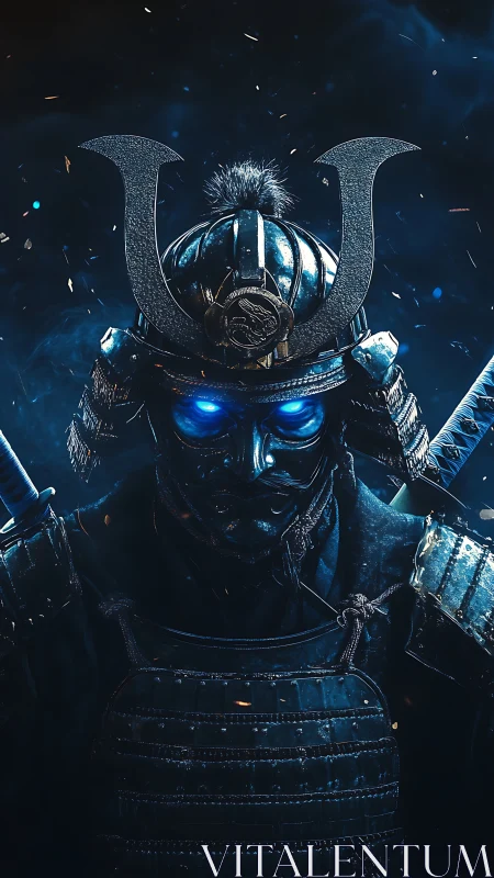 Cybernetic samurai portrait with emissive blue ocular cores