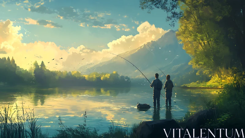 Anglers wade in golden lake beneath luminous alpine clouds.