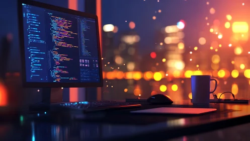 Code glows quietly while the city outside burns in bokeh