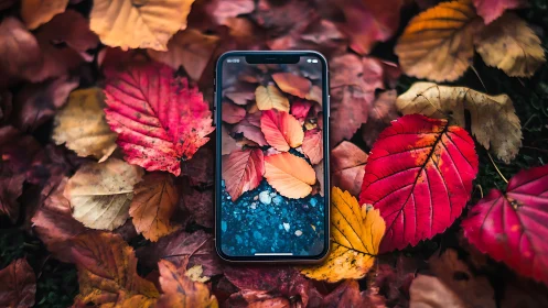 Smartphone lies on autumn leaves and displays matching scene