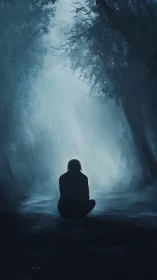 Silhouette sits alone on wet forest path under misty light