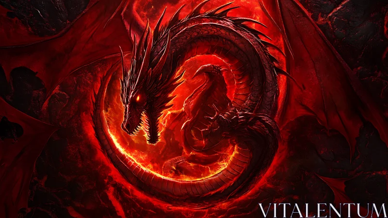 Infernal serpentine dragon ouroboros in molten lava ring