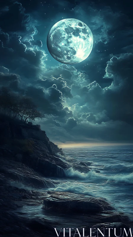 Luminous full moon hovers over stormy nocturnal coastline
