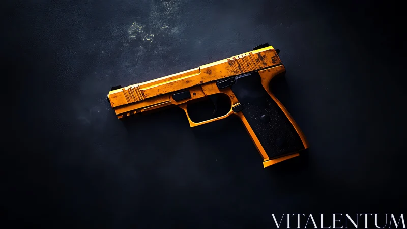 Oxidized yellow semi-automatic pistol on dark inert surface.