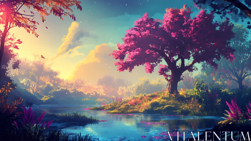 Dreamlit riverbank under candy-flush trees at dawn.