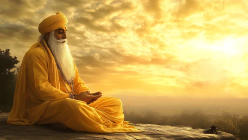 Golden sunrise meditation with a serene elder sage.