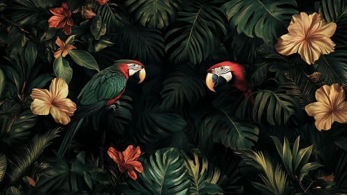 Twin jungle macaws whisper in lush hibiscus twilight.