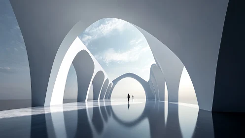 Modern Arched Corridor with Sky Opening and Figures.