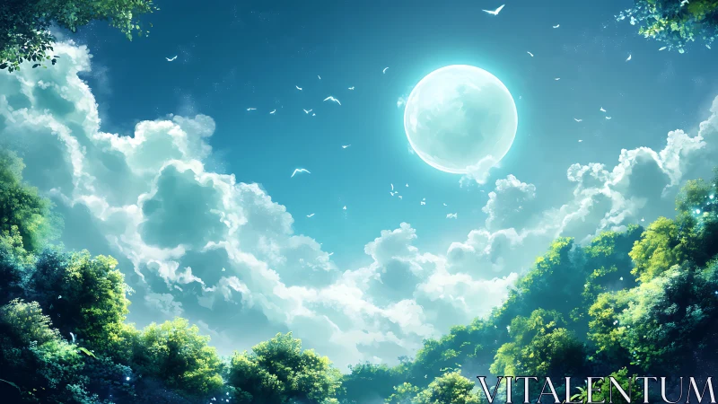 Luminous Moon Over Forest Canopy with Cloud Sky