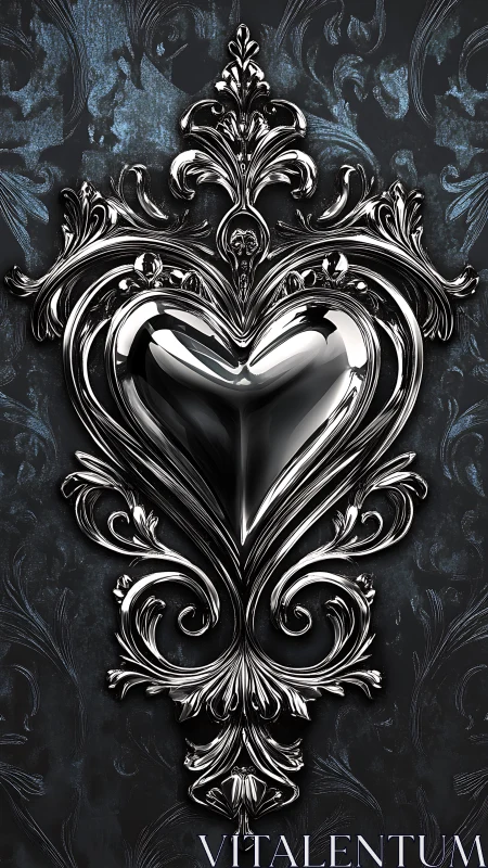 Ornate Silver Heart Against Weathered Baroque Damask Background