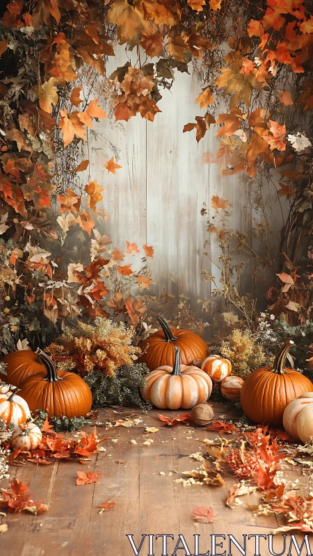 Autumn harvest still life with pumpkins on rustic wooden floor