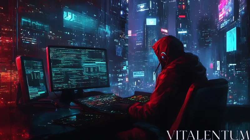 Hooded computer operator faces code monitors in neon city