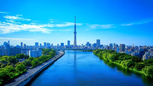 Urban river skyline with central broadcast tower view.