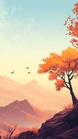 Autumn tree overlooks layered mountains at soft sunrise