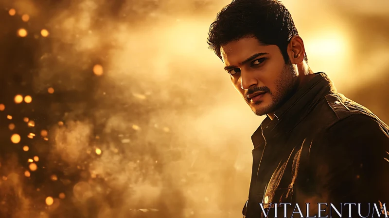 Male portrait in warm backlit dust and particle haze.