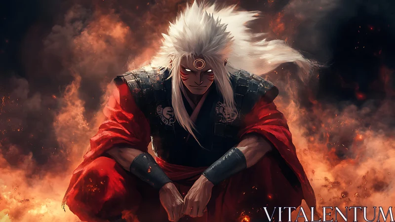 White-haired fire warrior kneels within blazing inferno.
