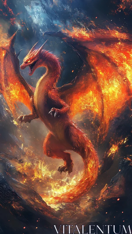 Infernal dragon ascends through vortex of flame and smoke
