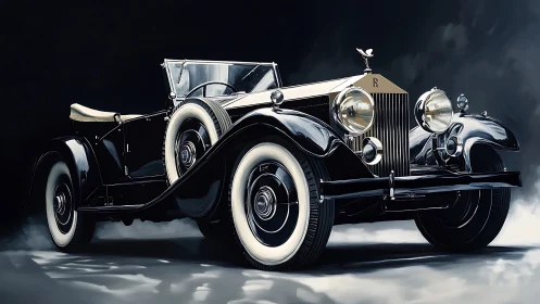 Midnight Rolls-Royce roadster glides through ghosted light.