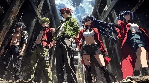 Group of anime characters in ruined urban alleyway setting.