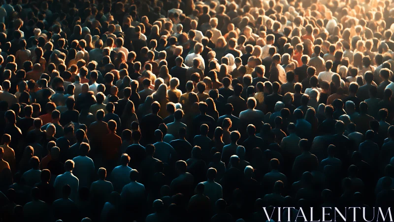 Large dense crowd viewed from behind in warm low light.