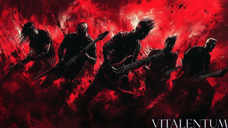 Digital painting of metal band silhouettes in kinetic red field.