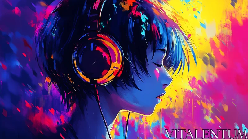 Profile portrait listens to music amid neon color streaks