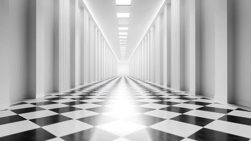 Monochrome corridor with columns and checkered floor.