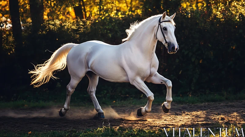 High-key lateral capture of white stallion in extended canter.