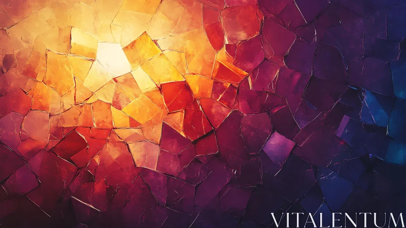 Abstract stained glass pattern with vivid warm and cool tones.