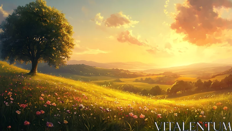 Sunlit hillside meadow with lone tree at golden sunset.