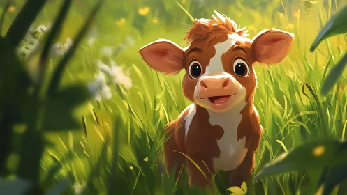 Cartoon calf smiling in bright green summer meadow.