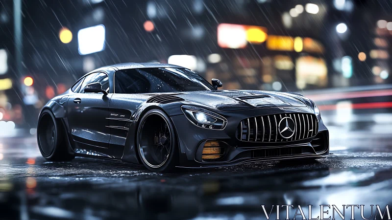 Sleek black Mercedes coupe glows on rainy neon city streets.