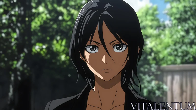 Calm anime heroine stands in a sunlit garden setting.