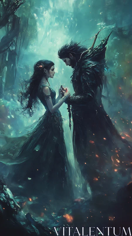 Fantasy couple stands facing each other in glowing forest