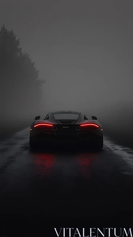 Midnight supercar glows through rain-soaked foggy highway.