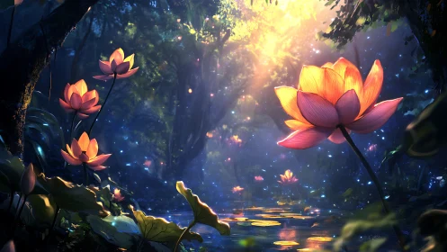 Glowing lotus flowers illuminate an enchanted twilight forest pond