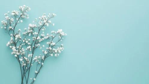 Gypsophila stems on cyan negative space background study.