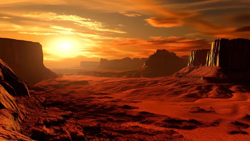 Sunlit red desert canyon with mesas under orange sky.